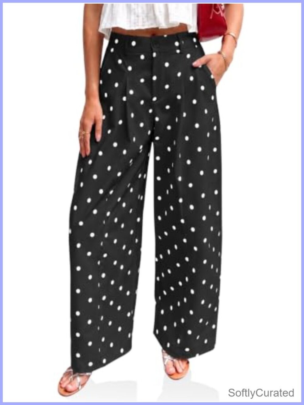 Womens Polka Dot Wide Leg Palazzo Pants High Waist Pleated Trousers